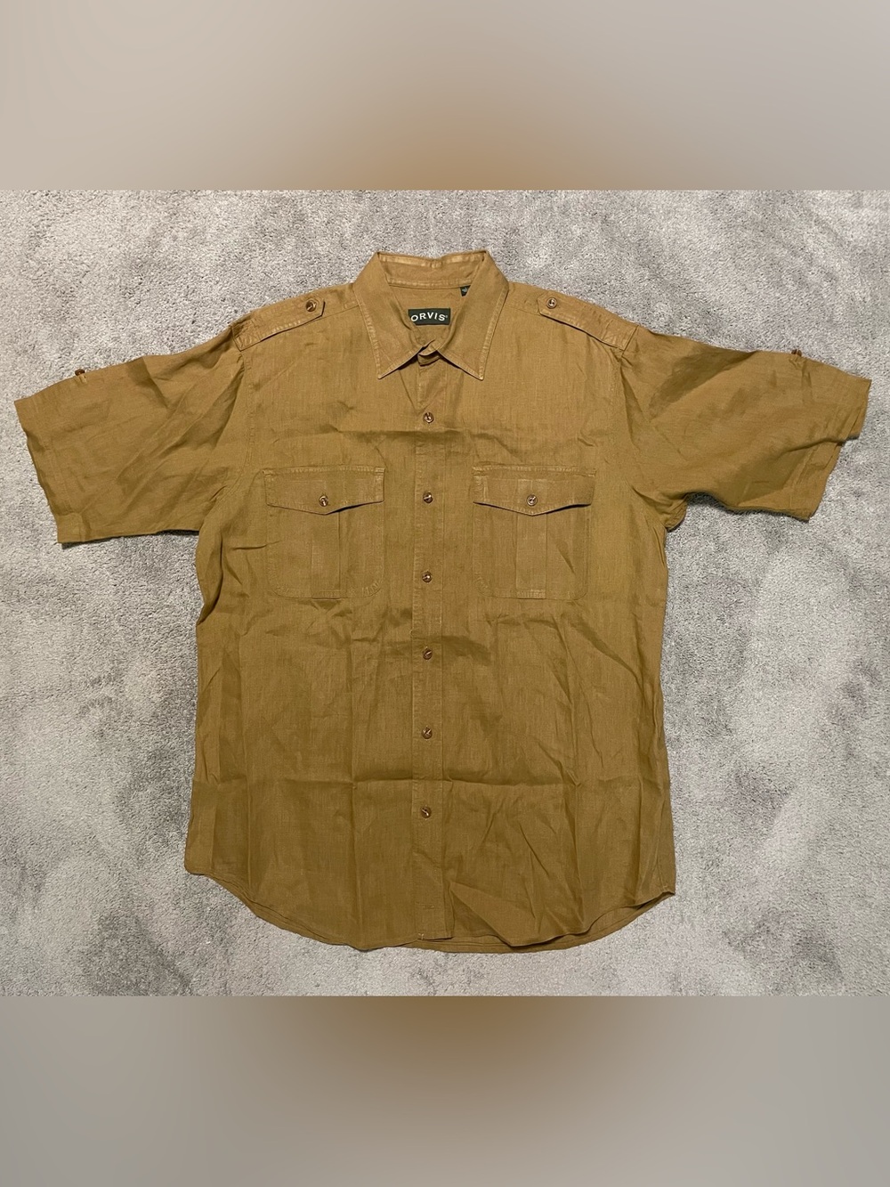 Orvis Bush Shirt Mens L 100% Button Down Linen Brown Safari Lightweight Outdoor